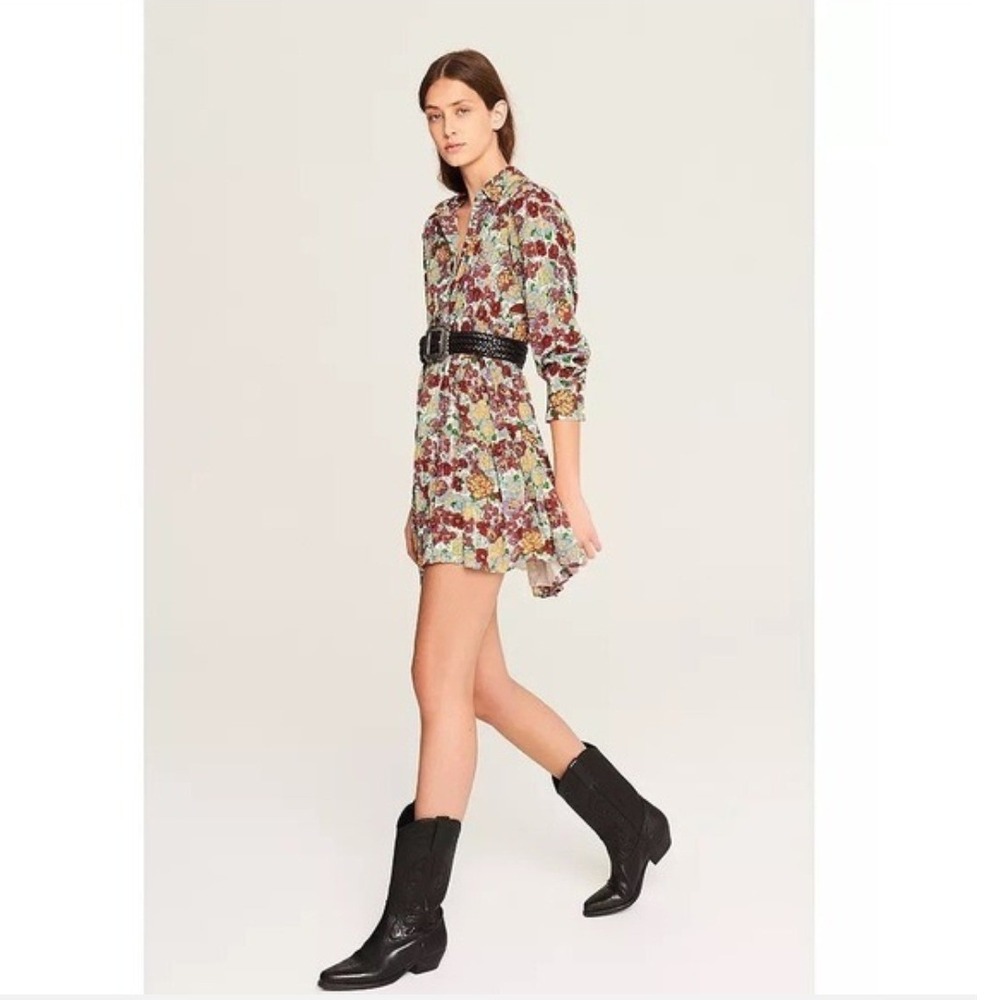 Ba&sh Poldie Floral Metallic Long Sleeve Mini Dress Multi Color‎ Size XS